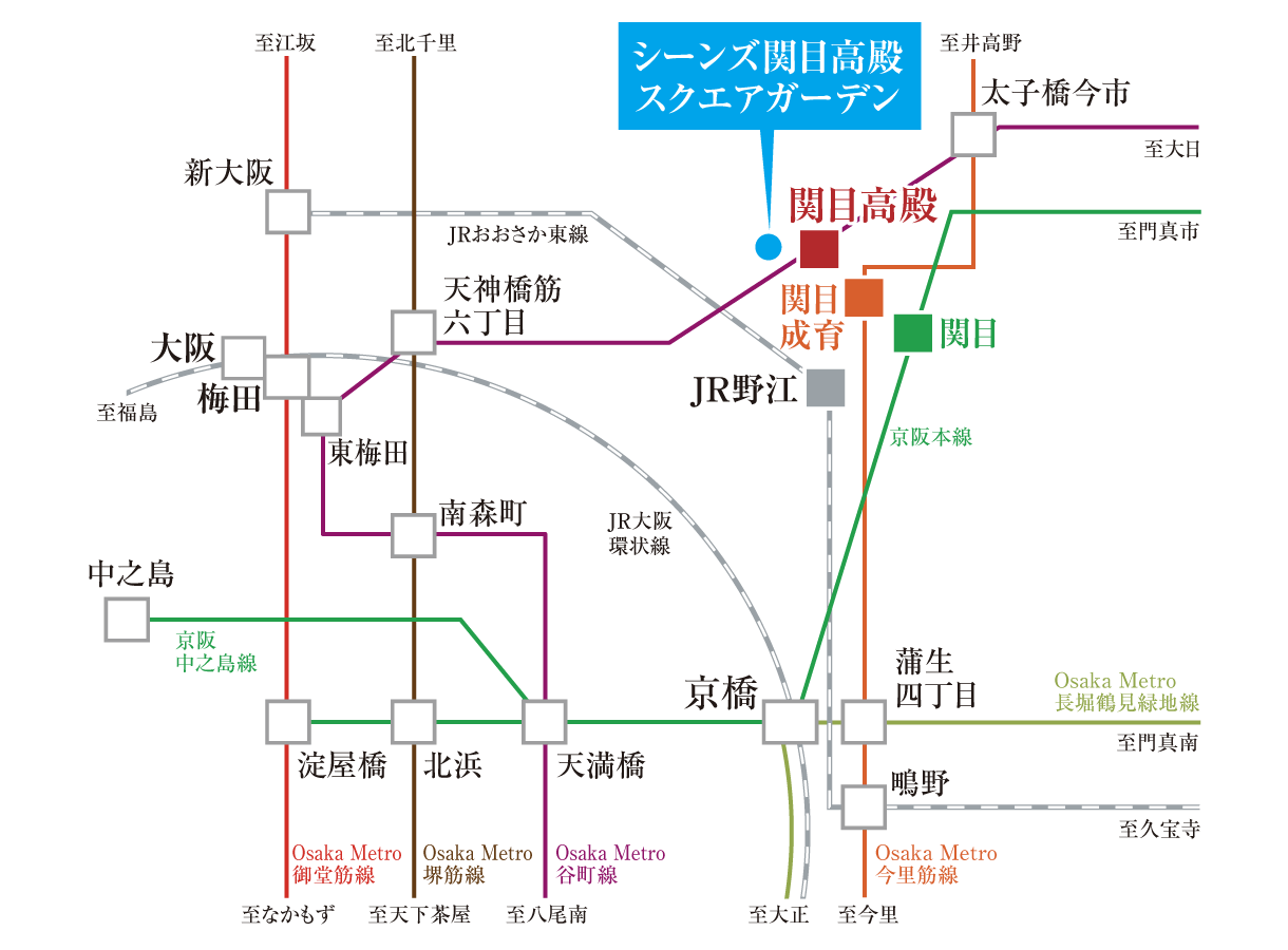 4駅4路線利用可であることを表した路線図